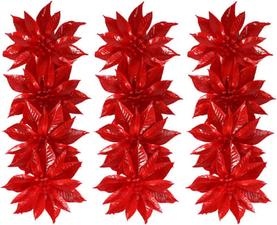 Decoratie bloemen - op clip - 12x - rood - 9,5 cm - kunststof - kerstbloemen - Kerstboom ornamenten