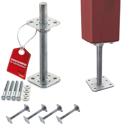 SOTECH set van 4 paaldragers 80 x 80 x 250 mm schroefdraad M24 staal thermisch verzinkt draagbeugel in hoogte verstelbare paalvoet om vast te schroeven weerbestendig