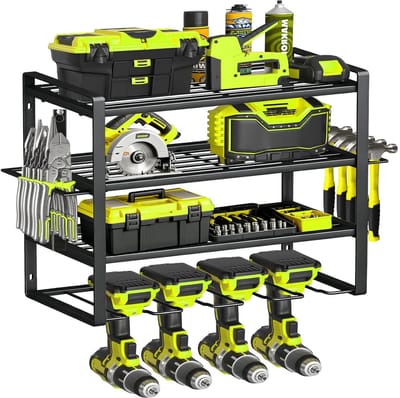 Dailygoods- Gereedschapshouder 4 Niveaus - Wandmontage - Opslag voor 4 Elektrisch Gereedschap - Robuust Metalen Ontwerp - Ruimtebesparend - 50 x 20 x 45,5 cm - Gereedschapsorganizer