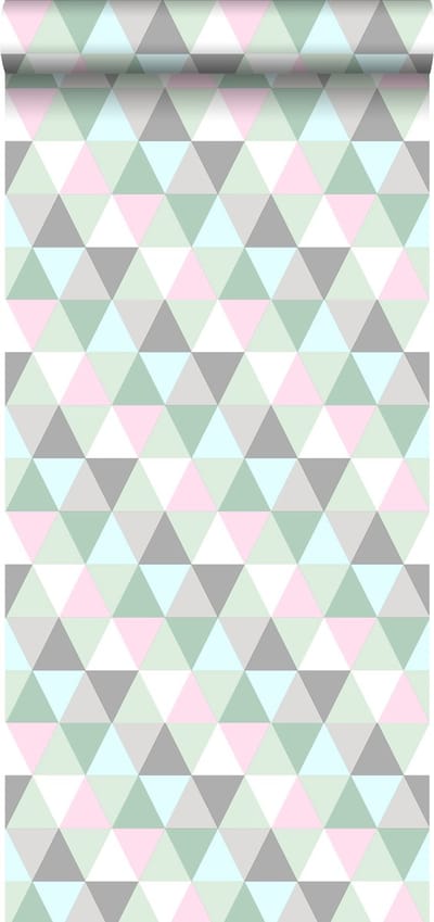 ESTAhome behang driehoekjes mintgroen, roze en grijs - 53 cm x 10.05 m - 128706