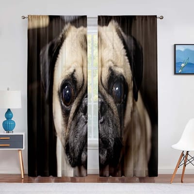 Schattige Puppy Mopshond Tweeling Tule Gordijnen voor Woonkamer Slaapkamer Huis Keuken Dieren Raam Transparante Voile Gordijnen Chiffon Draperieën 1 PCS W100XH250cm&Grommet Top