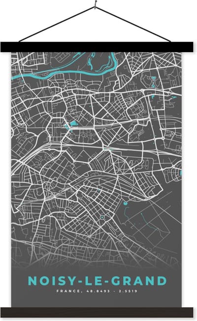 Posterhanger incl. Poster 40x60 cm - Schoolplaat - Kaart – Stadskaart – Noisy-le-Grand - Plattegrond – Frankrijk - Textielposter - Zwarte latten - Stadskaart