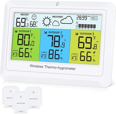 Weerstation Draasloos Binnen/Buiten - Weerstation met 3 Buitenvoelers - Wit - Kleurendisplay - Weersvoorspelling - Voor Thuisgebruik