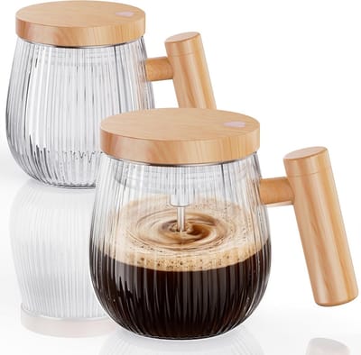 Zelfroerende Mok Set van 2, 400ml Mengbeker voor Koffie, Melk en Eiwitpoeder, Hittebestendig Glas met Deksel