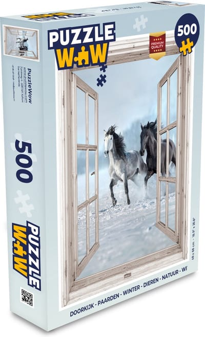 Puzzel Doorkijk - Paarden - Winter - Dieren - Natuur - Wit - Legpuzzel - Puzzel 500 stukjes