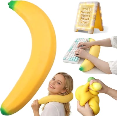 Ulisem - Slow rise stressbal - 45 cm banaan - Zacht en kneedbaar - Herstelt langzaam - Voor stress en angst - Kantoor en thuis - Cadeau volwassenen - Party cadeau - Polssteun - Geel