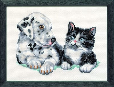 Pako Borduurpakket met tel patroon - jonge Dalmatier hond met katje - 215.410 - voorgesorteerd garen - Aida - 15 x 20 cm - DIY kit