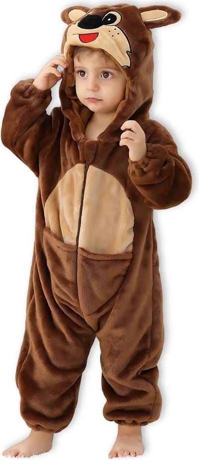 BoefieBoef Dieren Baby Onesie Peuter Pyjama Kinderen 6 maanden tot 2 jaar – Verkleedkleding met Luierrits – Carnaval Dierenpak - Kerst en Kraamcadeau Tip – Zacht Flanel - Romper - Boxpak - Jongens - Meisjes - Kruippak - Winterpak - Kangoeroe - Bruin