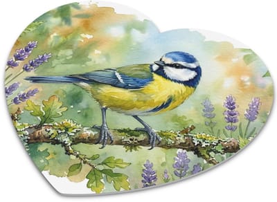Hartvormige Muismat Aquarel Series Pimpelmees in Lente Setting met Lavendel - Bureaumat met Lief Klein Blauw Vogeltje Waterverf Illustratie voor PC Gebruik - Liefdevol Cadeau voor haar: Vrouw,Vriendin & Collega - Vrolijke Bureau Decoratie