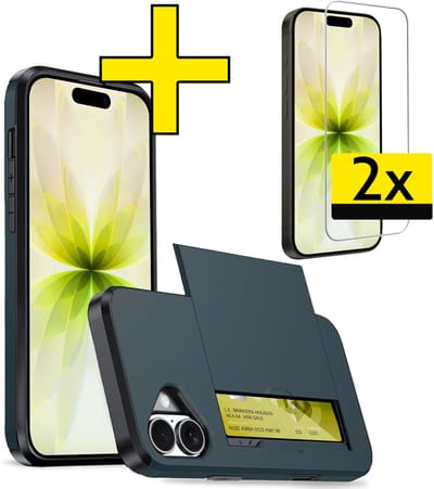 Hoesje Geschikt voor iPhone 17 Hoesje Case Pashouder Hard Cover Met 2x Screenprotector - Hoes Geschikt voor iPhone 17 Hoesje Met Kaarthouder - Donkerblauw