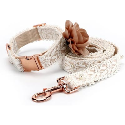 Kant Hondenhalsband Set Mode Bloemen Meisje Puppy Kat Hondenpenning Halsband Riem Verstelbaar voor Kleine Middelgrote Grote Honden Gratis ID Hanger M