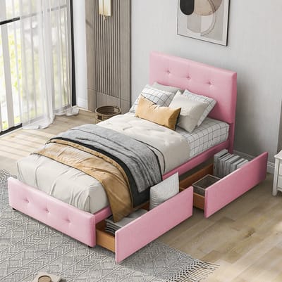 MEUNIQ gestoffeerd eenpersoonsbed 90x200 cm met lattenbodem, verstelbaar hoofdbord en 2 opberglades, bedframe voor kinderkamer, jeugdkamer of logeerkamer, roze