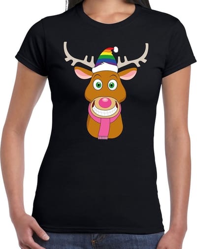 Foute Kerst t-shirt Gay Ruldolf met regenboog muts en roze sjaal zwart voor dames S