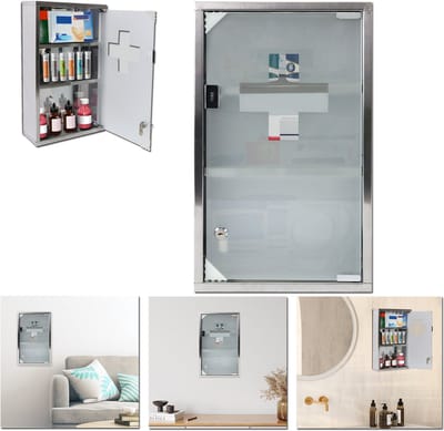 Edelstaal Medische Kist Met 3 Compartimenten, Glasdeur En Sluitbare Slot, Eerstehulp Kist, Apotheek Kist 50 X 30 X 12 Cm