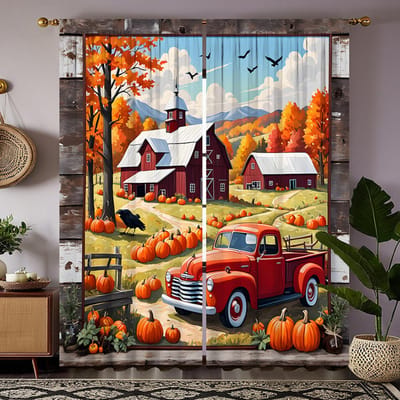 2 stuks HD Oogstfeest Berghut Pompoen bus decoratief gordijn Gele band digitaal bedrukt gordijn Huisdecoratie stijl W52H63inchW132H160cm orange