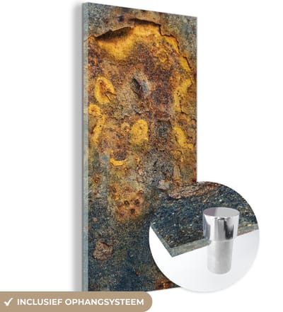 MuchoWow® Glasschilderij 20x40 cm - Schilderij acrylglas - Goud - Metaal - Roest - Grijs - Abstract - Patroon - Foto op glas - Schilderijen