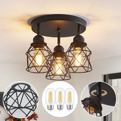 Rosnek Zwarte Plafondlamp - 360° Draaibaar - Retro-Industriële Stijl - IJzeren Kooi Plafonniere met E27- Geschikt voor Keuken, Gang, Eetkamer, Boerderij - Met 3x E27 Lampen (Max 60W)