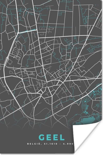 Poster Kaart – Plattegrond – Stadskaart – Geel – België - Grijs - 120x180 cm XXL