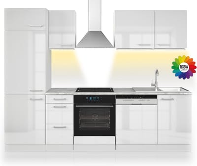 Vicco Optima Complete keukeneenheid – 270 cm zonder werkblad met LED-strip Wit hoogglans/wit
