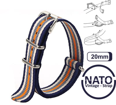 20mm Nato Strap Blauw met Oranje, Grijs en Wit - Vintage James Bond - Nato Strap collectie - Mannen - Horlogebanden - Blue Orange gray White- 20 mm bandbreedte voor oa. Seiko Rolex Omega Casio en Citizen