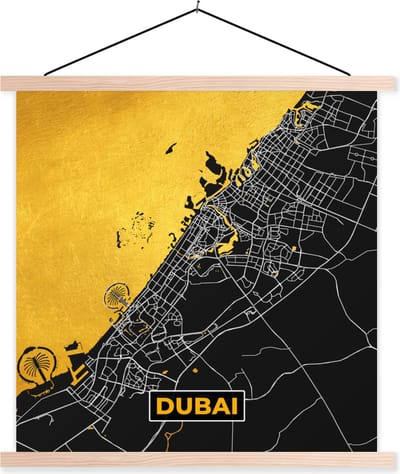 Posterhanger incl. Poster 40x40 cm - Schoolplaat - Dubai - Goud - Stadskaart - Plattegrond - Kaart - Textielposter - Blanke latten - Stadskaart