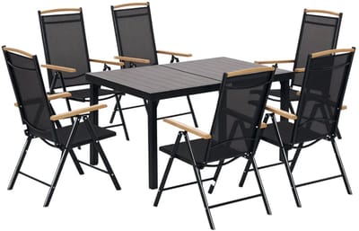 Tuinset - 7-delige Opklapbare Zitgroep - met 1 Tuintafel & 6 Stoelen met Verstelbare Rugleuning - Tuinmeubelset voor 6 Personen - Tuintafelset - Tuin Eetset - Diningset - Zitset - Weerbestendig - voor Terras, Balkon, Tuin - Zwart