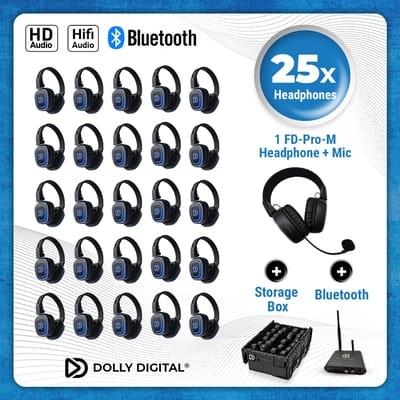 Silent Disco Pro Box 25 + Microfoon + Bluetooth | 25 HiFi Headsets FD-pro, Bluetooth zender T80-Pro, Storage Box | DOLLY DIGITAL©