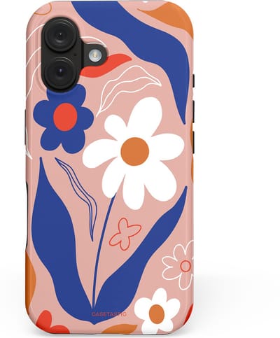 Casetastic hoesje geschikt voor Apple iPhone 16 - MagSafe - Dubbellaagse bescherming - Eenvoud in bloei - Fashion Case - Perzik Donkerblauw Wit