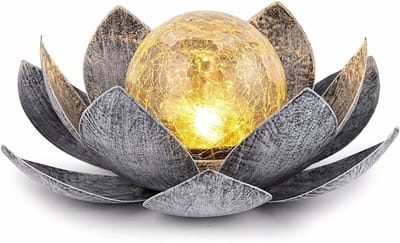 Zonne-energie tuinverlichting voor buiten, bolvormige lotusbloemdecoratie van gebarsten glas, waterdichte metalen LED-bloemverlichting voor terras, gazon, pad, tafel en vloer