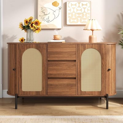 Ovaal Dressoir - Opbergkast Dressoir - Woonkamer Opbergen - Rotan Deuren - 140x38x77.5cm - Walnoot