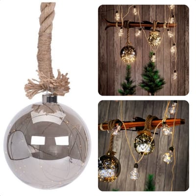 Cheqo® Jute Touw Verlichte Glazen Bal - Kerstbal Lamp - 30 LED's - 15cm - 100cm - Natuurlijk & Landelijk Interieur - Trendy Industrieel - 300cm Aanloopsnoer - IP20 - 230V, 50Hz, 1.8W, 3V, 15mA.