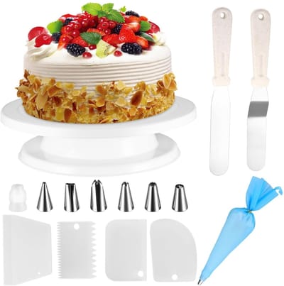 Taartdecoratieset 14-Delig Complete Bakset voor Creatieve Taartdecoratie - Taartdecoratieset Roterend Plateau met Antislip voor Perfect Resultaat | Incl. Spuitzak en Spuitmondjes