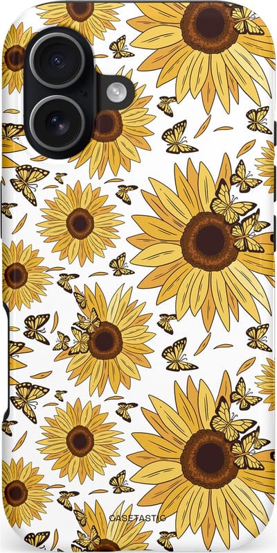 Casetastic hoesje geschikt voor Apple iPhone 17 - MagSafe - Dubbellaagse bescherming - Zonnebloem Zomer met vlinders - Fashion Case - Goud Beige Wit