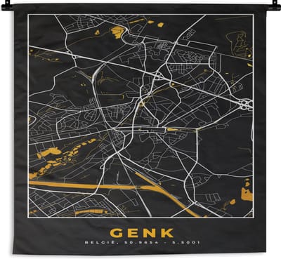 Wandkleed - Wanddoek - Stadskaart - Kaart - Genk - Plattegrond - Goud - 180x180 cm - Wandtapijt