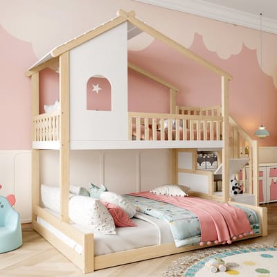 Wishdor Stapelbed 90x200 cm & 140x200 cm - Opbergladder & Bedhek - Grenen/MDF Naturel/Wit - Stapelbed met Opbergladder