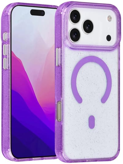 Backcover Hoesje Geschikt voor: iPhone 17 Pro Max - MagSafe Compatibel – Transparant Glitter Design – Krasbestendig – Slanke Bescherming met Perfecte Pasvorm - Paars