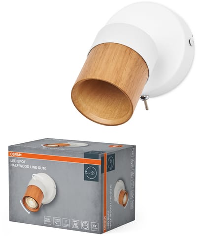 OSRAM LED Spot Half Wood Line Plafondspot GU10, Wandspot, Wit/Hout decor, Staal/Rubberhout, draaibaar, AAN/UIT