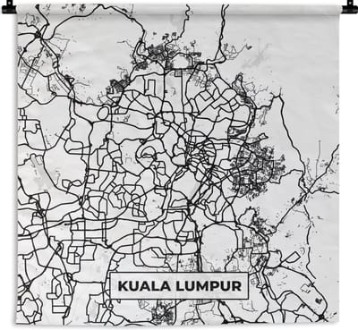 Wandkleed - Wanddoek - Kaart - Kuala Lumpur - Stadskaart - Plattegrond - Zwart Wit - 180x180 cm - Wandtapijt