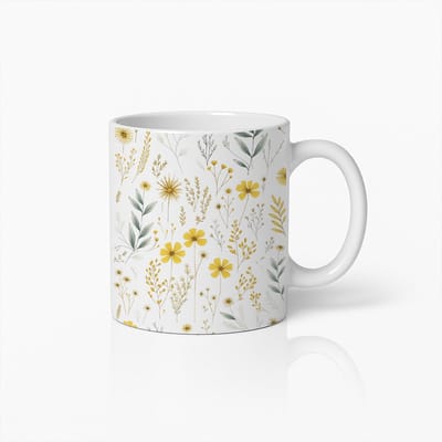 Elegante Wildbloemen Mok – Minimalistische Gele Bloemen Koffiemok voor Natuurliefhebbers