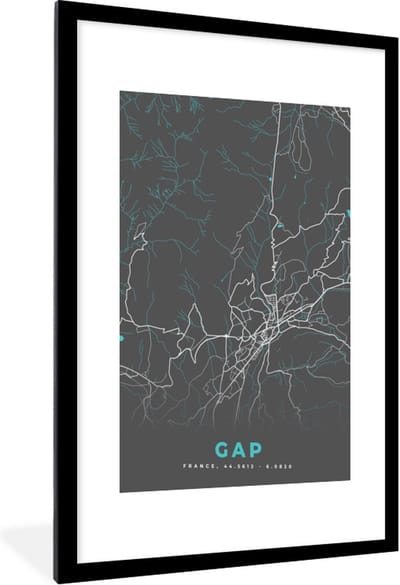 Fotolijst incl. Poster - Gap - Kaart - Plattegrond - Stadskaart - Frankrijk - 60x90 cm - Posterlijst