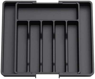 GELLDG Bestekbak geschikt voor lades - Bestekbak van kunststof - Diepte 37,5 cm - Uitbreidbare lade-organizer - Keukenopbergorganizer - Ladeverdeler - Geschikt voor bestek, borden, lepels - Zwart