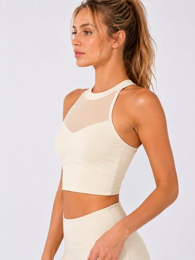 SparkNine Lunacross sportbeha - push-up - L - ivory - stijlvolle mesh - ademend - stevige ondersteuning - met uitneembare pads