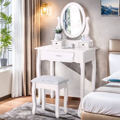 Witte kaptafelset met kruk, moderne kaptafel met kruk en spiegel, met 3 lades