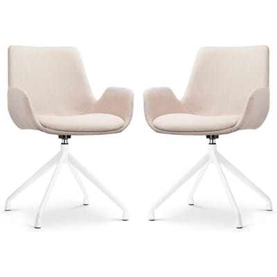 Nolon Nola-Eef Eetkamerstoelen Set van 2 Beige - Draaibaar - met Armleuning - Stof - Wit Onderstel - Lage Armleuning - Design - Scandinavisch