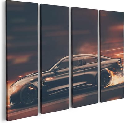 Artaza Canvas Schilderij Vierluik Zwarte Sportwagen Auto Met Vlammen - 80x60 - Foto Op Canvas - Canvas Print