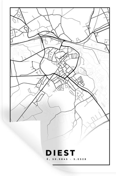 Muurstickers - Sticker Folie - Kaart – Plattegrond – Stadskaart – Diest – België – Zwart Wit - 20x30 cm - Plakfolie - Muurstickers Kinderkamer - Zelfklevend Behang - Zelfklevend behangpapier - Stickerfolie