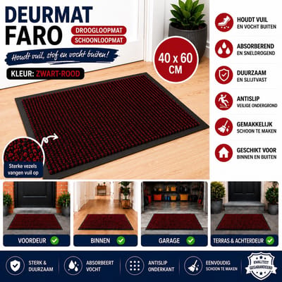 Wicotex - Deurmat - Schoonloopmat Faro - Afmeting 40x60cm Zwart - Rood