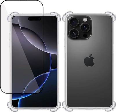 Hoesje + Screenprotector geschikt voor Apple iPhone 16 Pro – Full Screen Tempered Glass - Extreme Shock Case Transparant