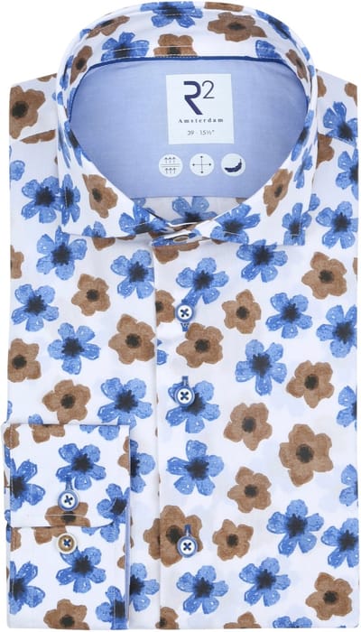 R2 Overhemd Bloemen Kobaltblauw - Maat 38 - Heren - Overhemden Casual