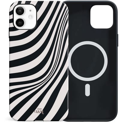 xoxo Wildhearts siliconen hoesje geschikt voor iPhone 12 MagSafe hoesje - Optical Illusion - Double Layer - Magnetisch telefoonhoesje - Magneet case - Backcover met dubbele bescherming - Golvenprint - Golvend patroon - golven - Zwart / Beige